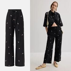 ROMY June Pants Silk Blend Floral Embroidered High Rise Relaxed Wide Leg Black M